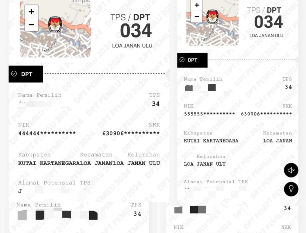 Tangkapan layar malafungsi cek DPT online KPU RI terhadap DPT warga Loa Janan, Kukar.