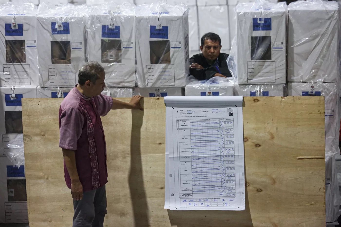 Petugas Panitia Pemilihan Kecamatan (PPK) Jatinegara bersama pihak terkait melakukan rekapitulasi suara tingkat Kecamatan di GOR Otista, Jakarta Timur, Jumat (16/2/2024). (MIFTAHUL HAYAT/JAWA POS)