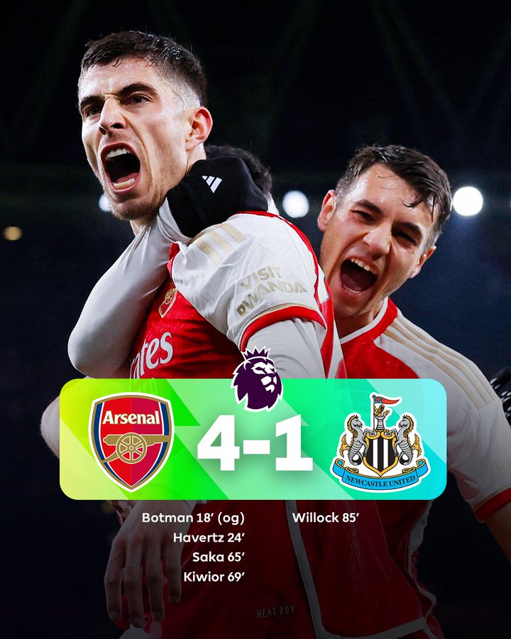 Arsenal hajar Newcastle United dan terus menempel pimpinan klasemen Liverpool.