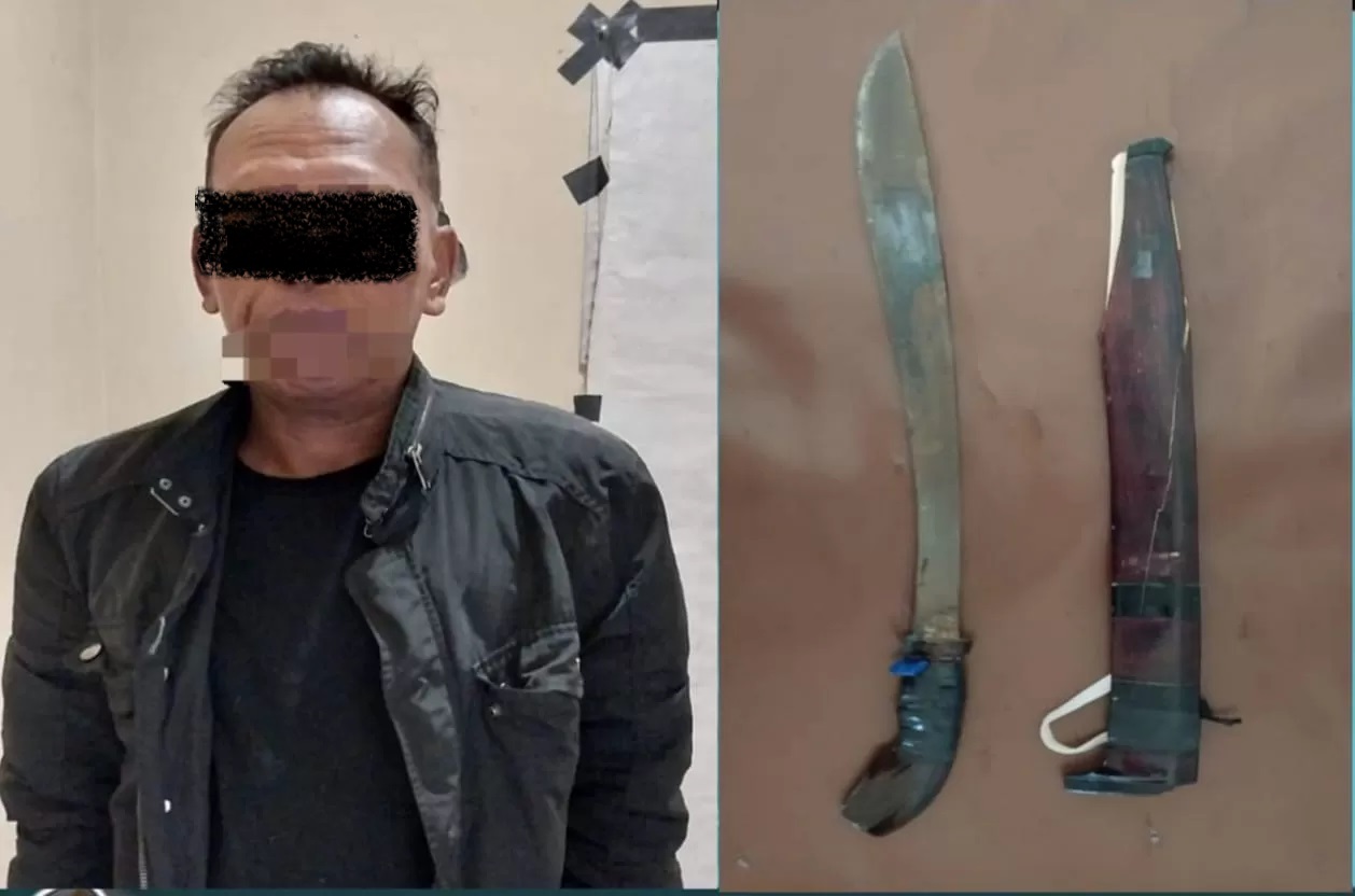 MENGAMUK:Pelaku bersama barang bukti diamankan Polres Banjar, Senin (26/2/2024).(Foto:Polres Banjar untuk Radar Banjarmasin)