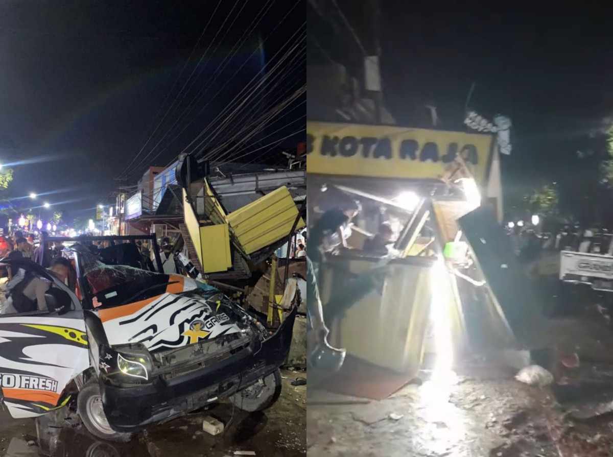 Penampakan mobil pikap jenis Daihatsu Grandmax yang menabrak sebuah outlet kebab di Jalan KH Ahmad Muksin, Timbau, Tenggarong (Istimewa)
