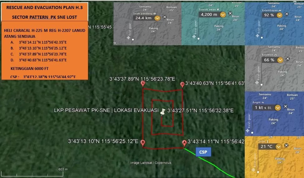 TITIK KOORDINAT : Tim SAR gabungan akan melakukan evakuasi di titik koordinat pesawat Smart Air PK SNE ditemukan.