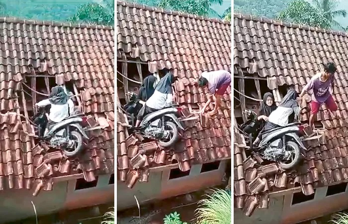 MAKSUD HATI JALAN-JALAN: Petikan kejadian nyangkutnya motor yang dinaiki Lani Alviani dan Siti Nualifah di genting rumah warga di Kampung Ciwangkid, Tasikmalaya (12/3). (Sumber Radar Tasikmalaya)