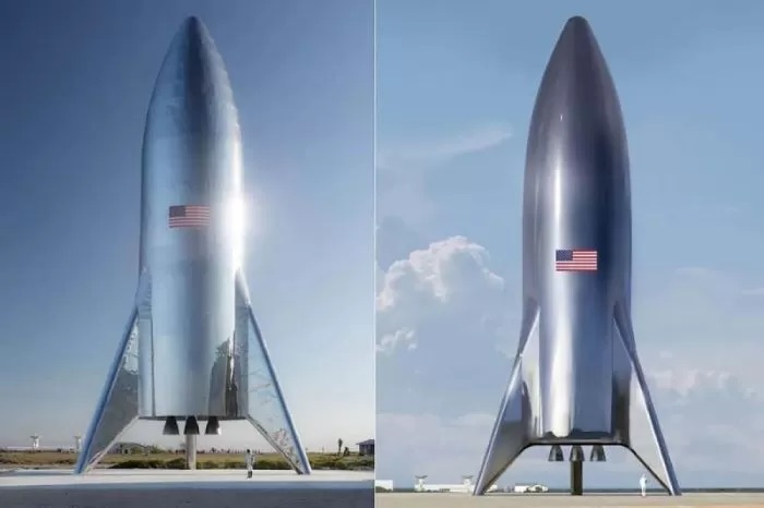 Prototipe asli Starship (kiri) dan rendering komputer (kanan) diunggah di situs NewScientist. (SpaceX/Antara)