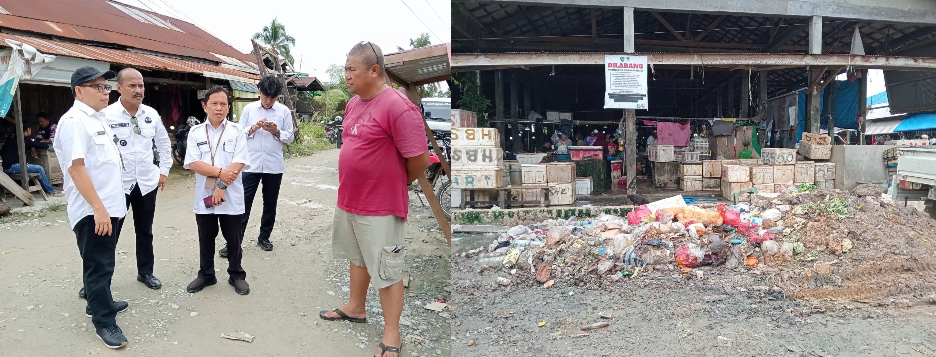 JOROK:Kepala DLH Kabupaten PPU Safwana bersama Lurah Petung A Fitriady dan jajaran saat meninjau sampah di pasar ikan Kelurahan Petung.(FOTO:ISKANDAR)