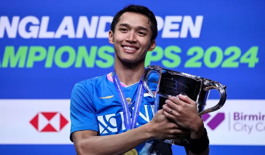 Jonatan Christie meraih gelar juara tunggal putra All England pertamanya di Utilita Arena, Birmingham, Inggris, Minggu malam WIB (17/3). (Foto: All England Badminton)