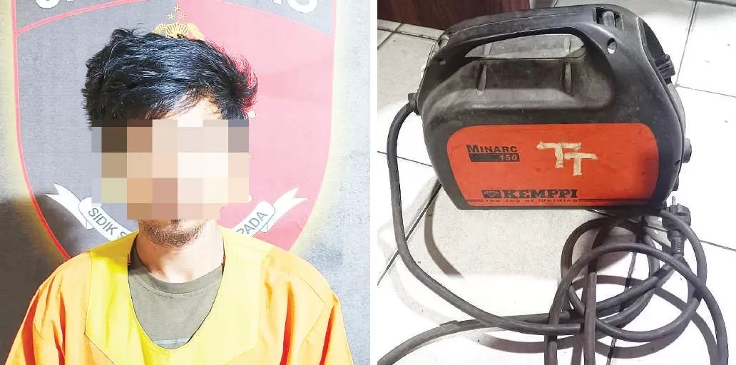 DIPROSES HUKUM: Pelaku pencurian berinisial HE dan barang bukti berupa mesin las di kawasan Karang Joang, Balikpapan Utara, sudah diamankan di Polsek Balikpapan Utara. IST.