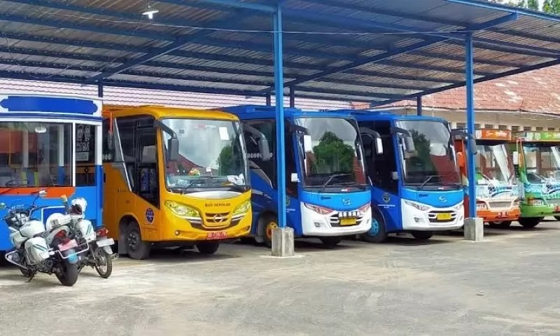 MUDIK GRATIS: Armada bus yang telah disiapkan Dishub Banjarbaru untuk mudik gratis. (FOTO: DISHUB BANJARBARU)