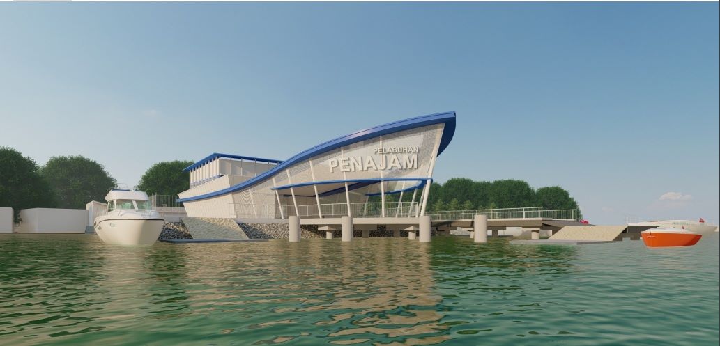 ELEGAN: Desain revitalisasi Pelabuhan Speedboat dan Kelotok Penajam dilihat dari arah laut.(dok dishub ppu)