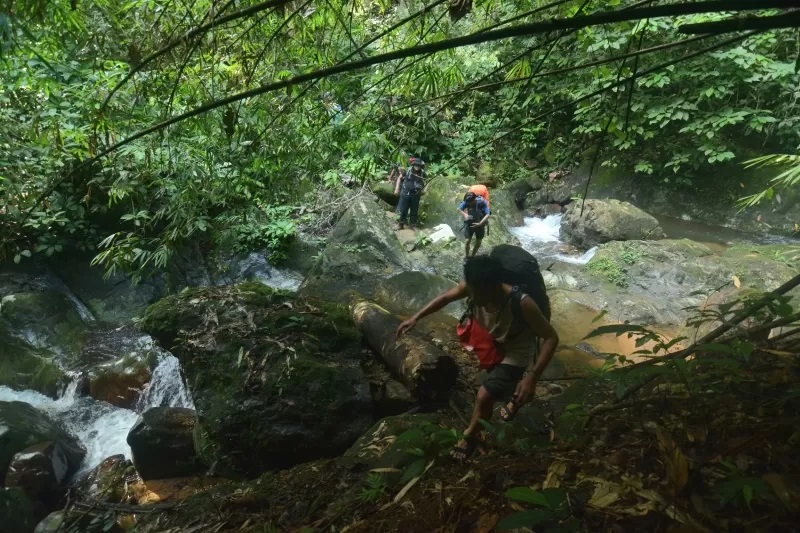 HATI-HATI: Rombongan ekspedisi ketika menyusuri salah satu rute menuju puncak Gunung Hauk. (FOTO: WAHYU RAMADHAN/RADAR BANJARMASIN)