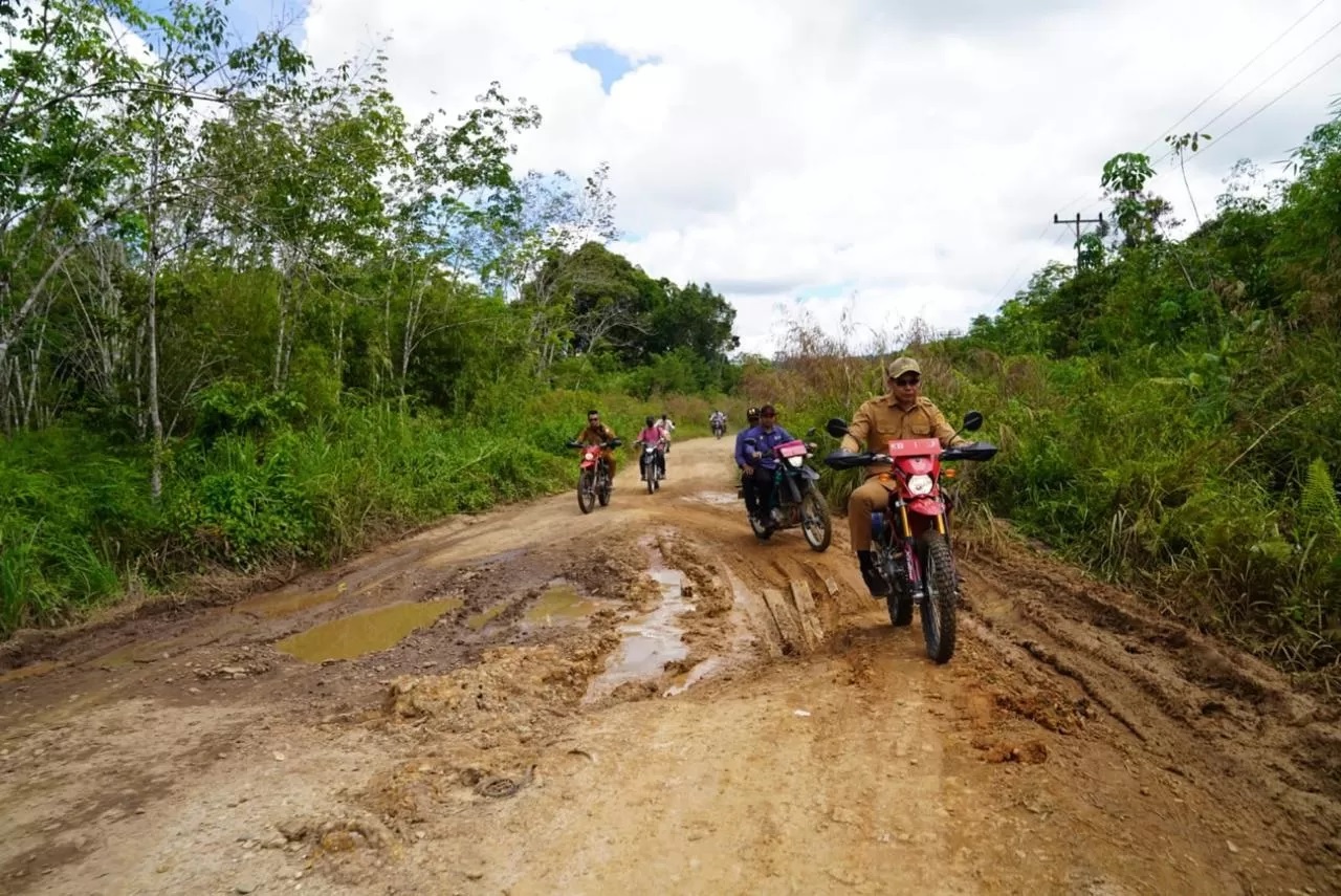 TINJAU : Bupati Kapuas Hulu Fransiskus Diaan saat meninjau jalan Simpang Kenerak Menapar Suhaid. (ISTIMEWA)