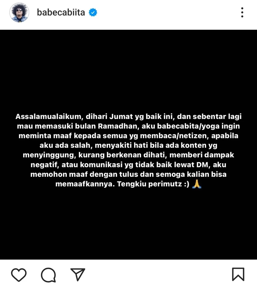 Unggahan terakhir Babe Cabita di Instagram yang dibanjiri doa dari netizen. (Instagram babecabita)