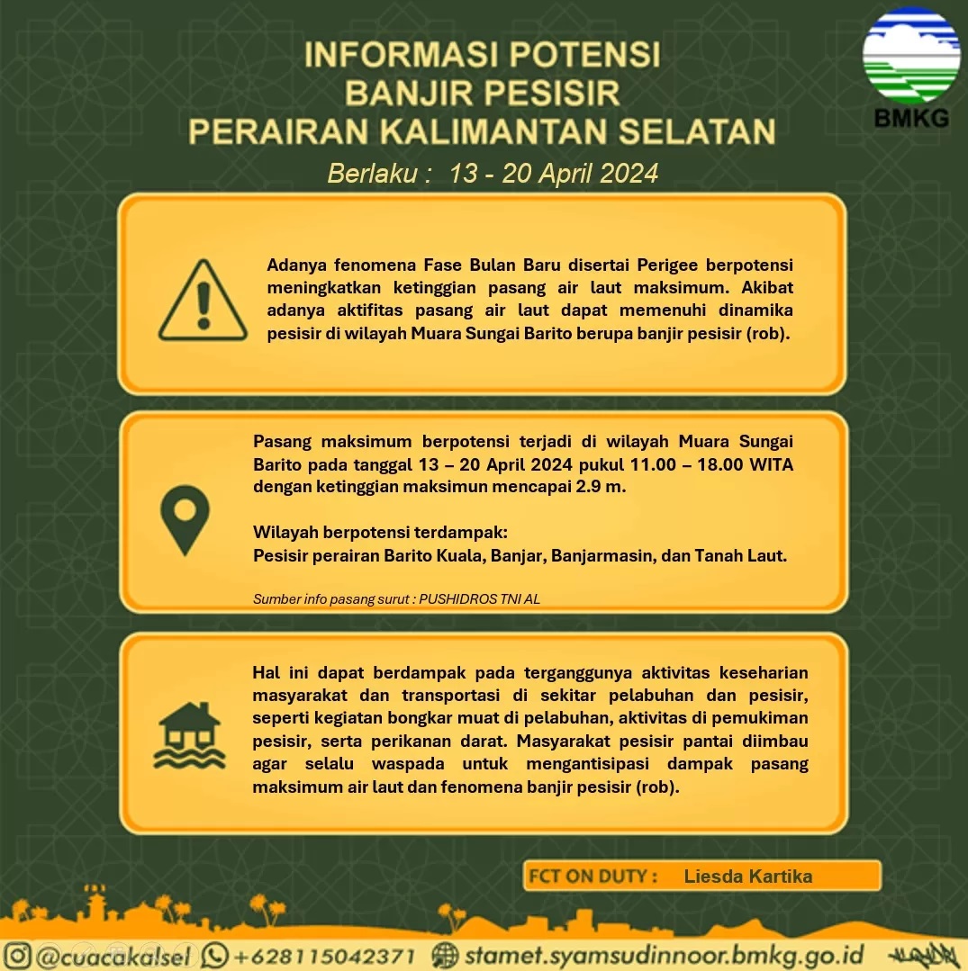 WASPADA: BMKG Kalsel merilis informasi potensi banjir rob di wilayah pesisir Kalsel.(foto:sc IG @cuacakalsel)