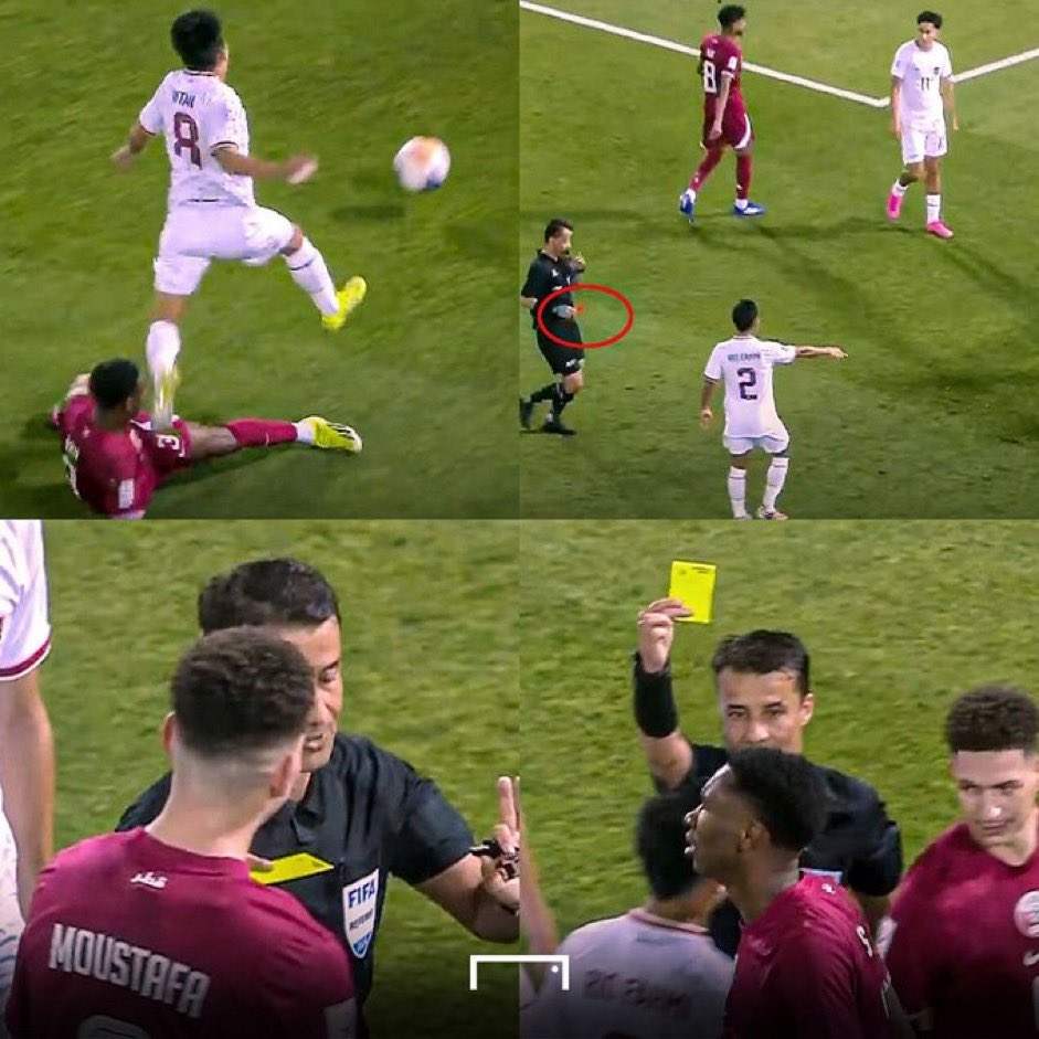 Aksi pelanggaran dari pemain Qatar. Wasit hendak memberi kartu merah, namun kemudian menjadi kartu kuning saja.