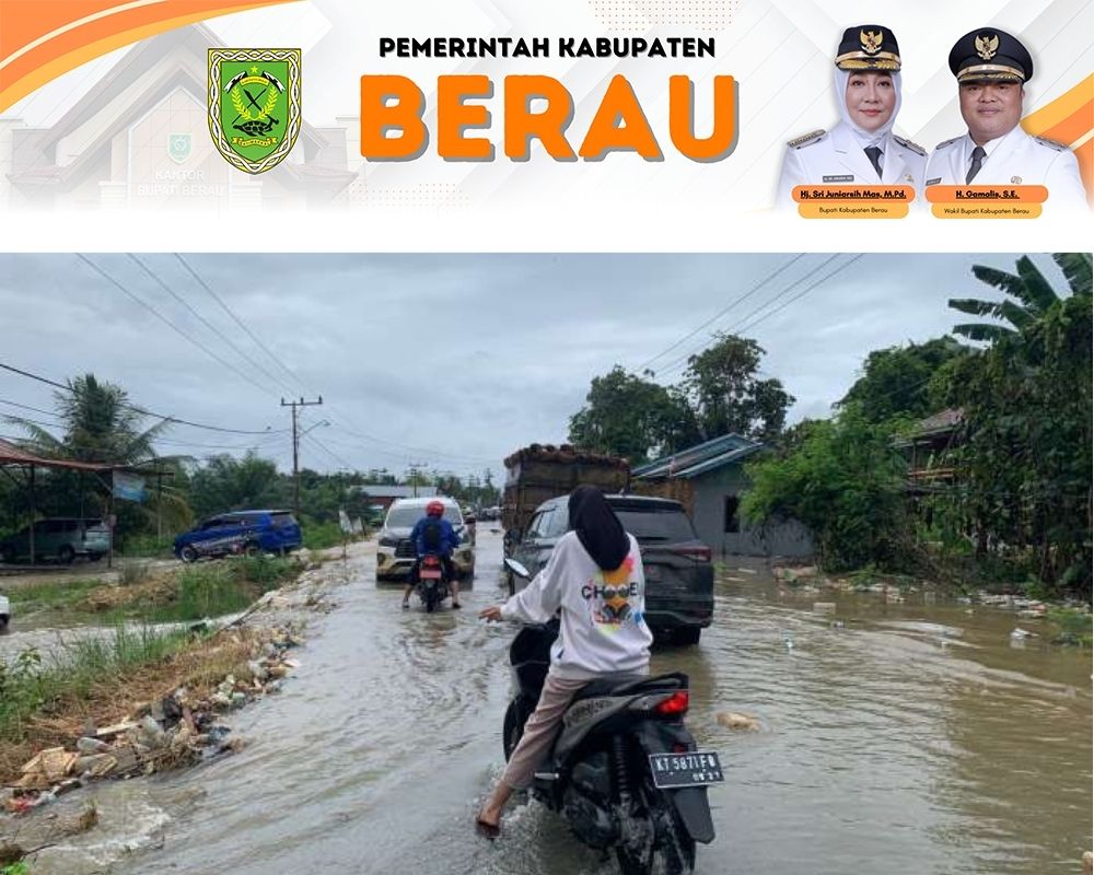 MELUAP: Hujan yang mengguyur pada Jumat (15/3), menyebabkan satu ruas jalan di Talisayan terdampak banjir yang menghambat kegiatan masyarakat.