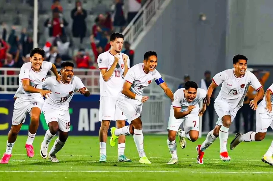 Selebrasi pemain Indonesia setelah berhasil mengalahkan Korea Selatan melalui babak adu pinalti pada babak Perempat Final turnamen Piala Asia U23 (Zhizao Wu-Getty Images/ESPN)