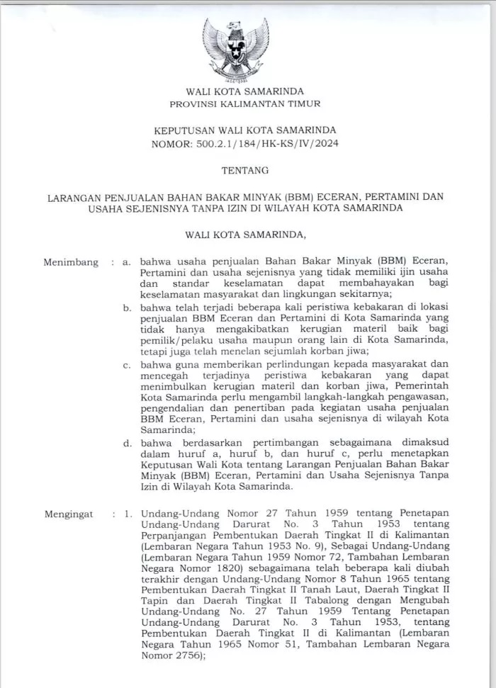 SK Walikota tentang larangan bensin eceran.