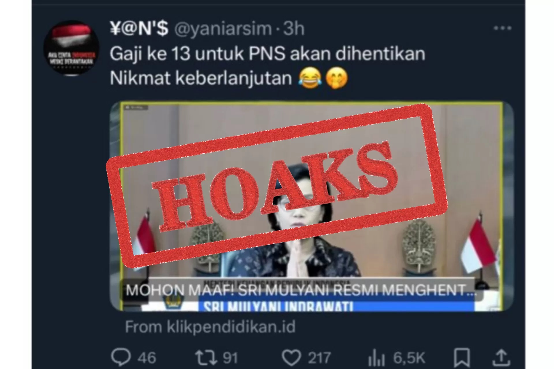 Unggahan di X menarasikan Menteri Keuangan Sri Mulyani resmi menghentikan gaji ke-13 bagi Pegawai Negeri Sipil (PNS). (Tangkapan Layar)