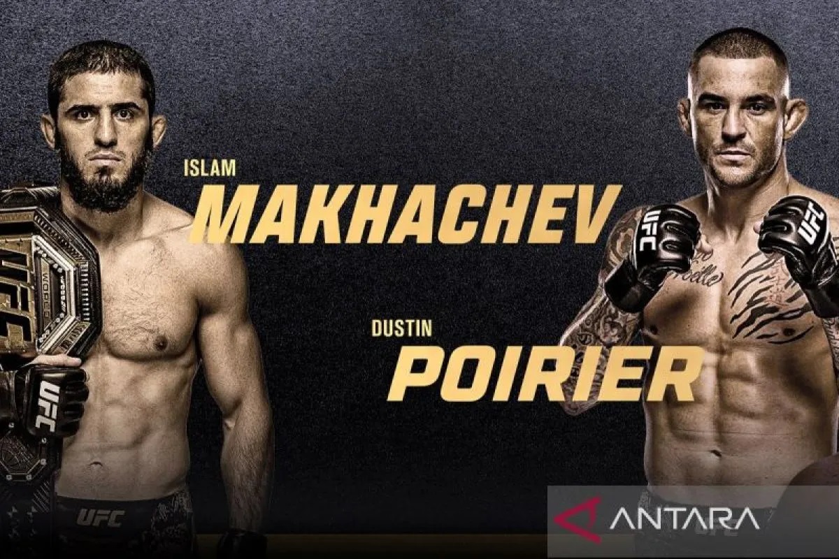 Foto poster pertarungan UFC 302 antara Islam Makhachev melawan Dustin Poirier, yang akan berlangsung di New Jersey, AS, Minggu (2/6/2024). ANTARA/HO-UFC/am.