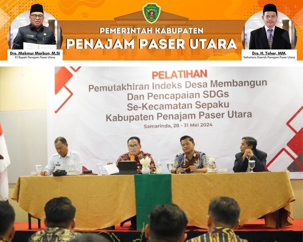 SAMPAIKAN MATERI: Makmur Marbun (dua kiri) menyampaikan materi dalam pelatihan pemutakhiran IDM dan pencapaian SDGs se-Kecamatan Sepaku, PPU, di Hotel Harris, Samarinda, Rabu (29/5).