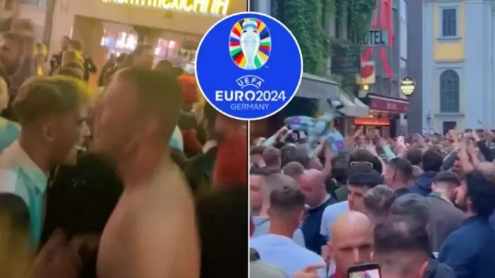 HOOLIGAN: Fans Inggris menolak seruan Polisi Jerman untuk tidak menyanyikan yel-yel tertentu jelang Inggris menghadapi Serbia di Euro 2024. (sportbible)