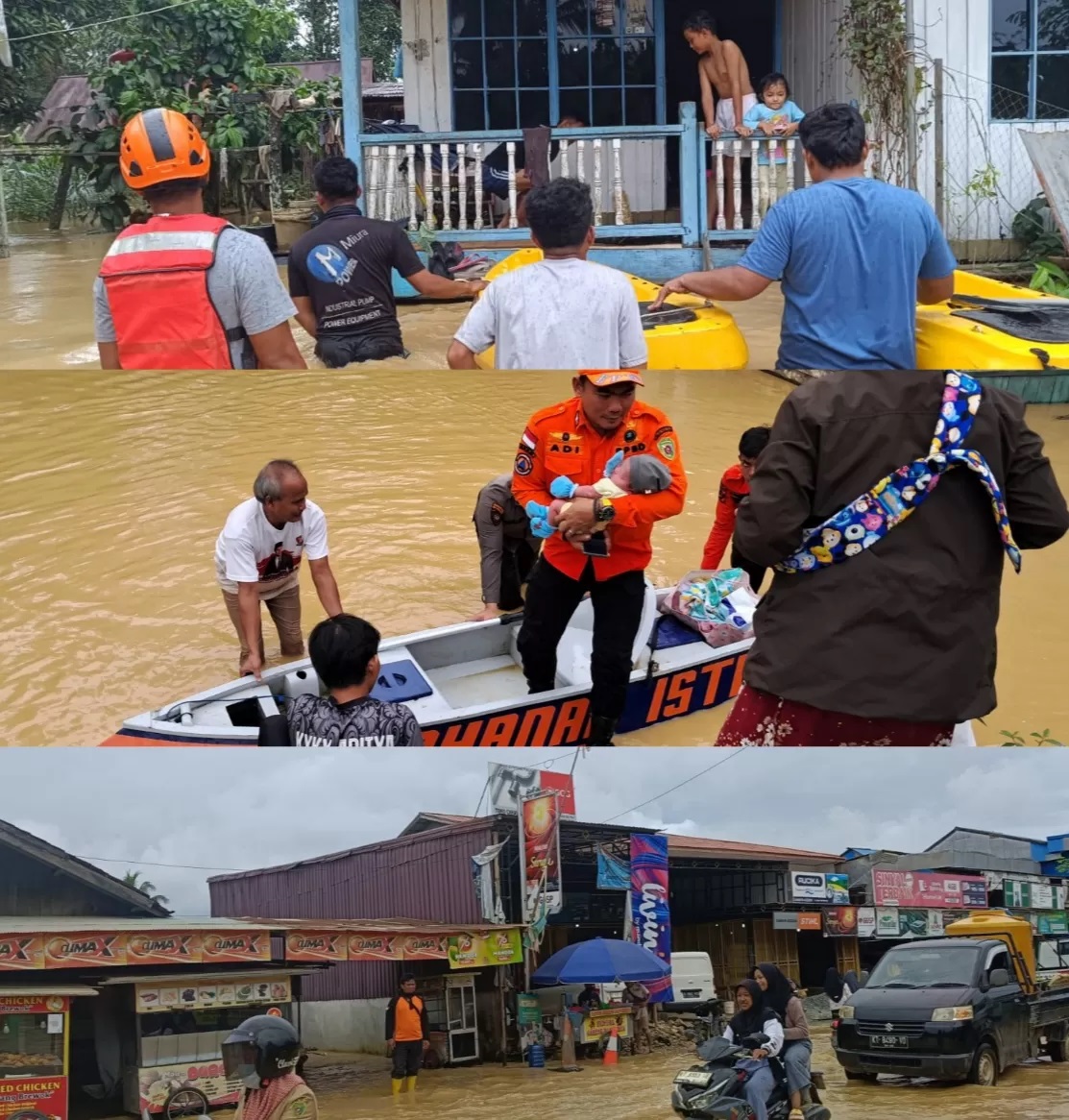 BERGERAK CEPAT: Aparat keamanan, Pusdalops BPBD PPU dan relawan langsung turun ke lokasi banjir membantu evakuasi kepada warga yang membutuhkan. (FOTO: PUSDALOPS BPBD PPU)