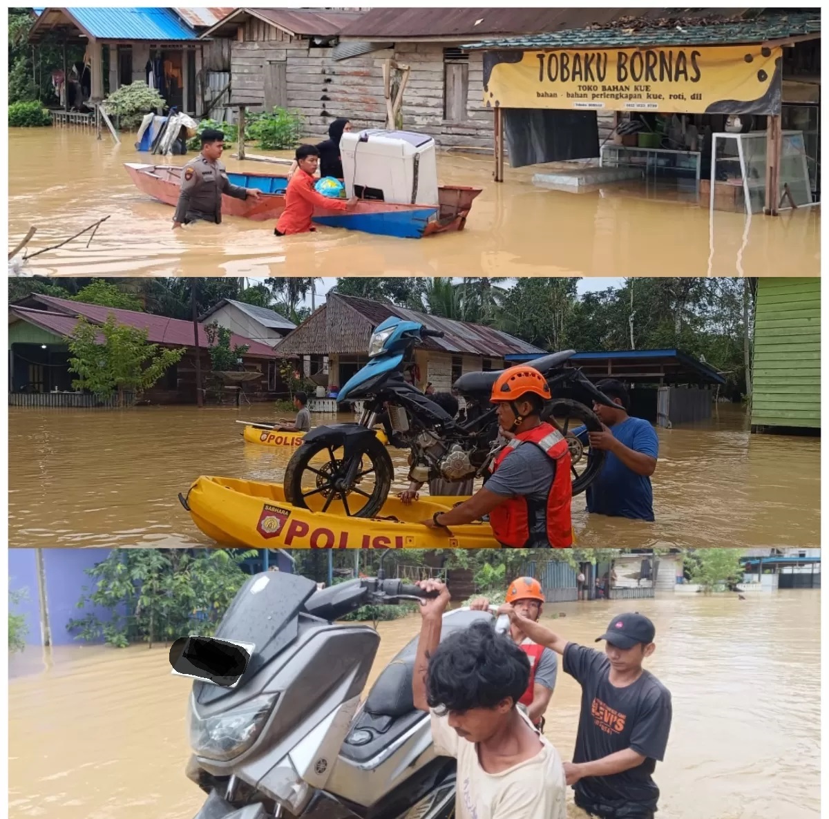 LUAPAN SUNGAI : Banjir merendam 4 Desa dan Kelurahan di Kecamatan Sepaku, Kabupaten Penajam Paser Utara (PPU), Senin (24/6). Akibat hujan deras yang melanda sekira 8 jam. (FOTO: PUSDALOPS BPBD PPU)