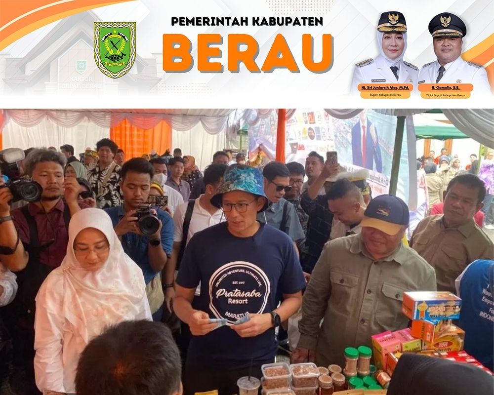 PENINJAUAN: Menparekraf Sandiaga Uno didampingi Bupati Berau Sri Juniarsih dan Wakil Bupati Berau Gamalis saat meninjau produk UMKM unggulan di Kabupaten Berau.