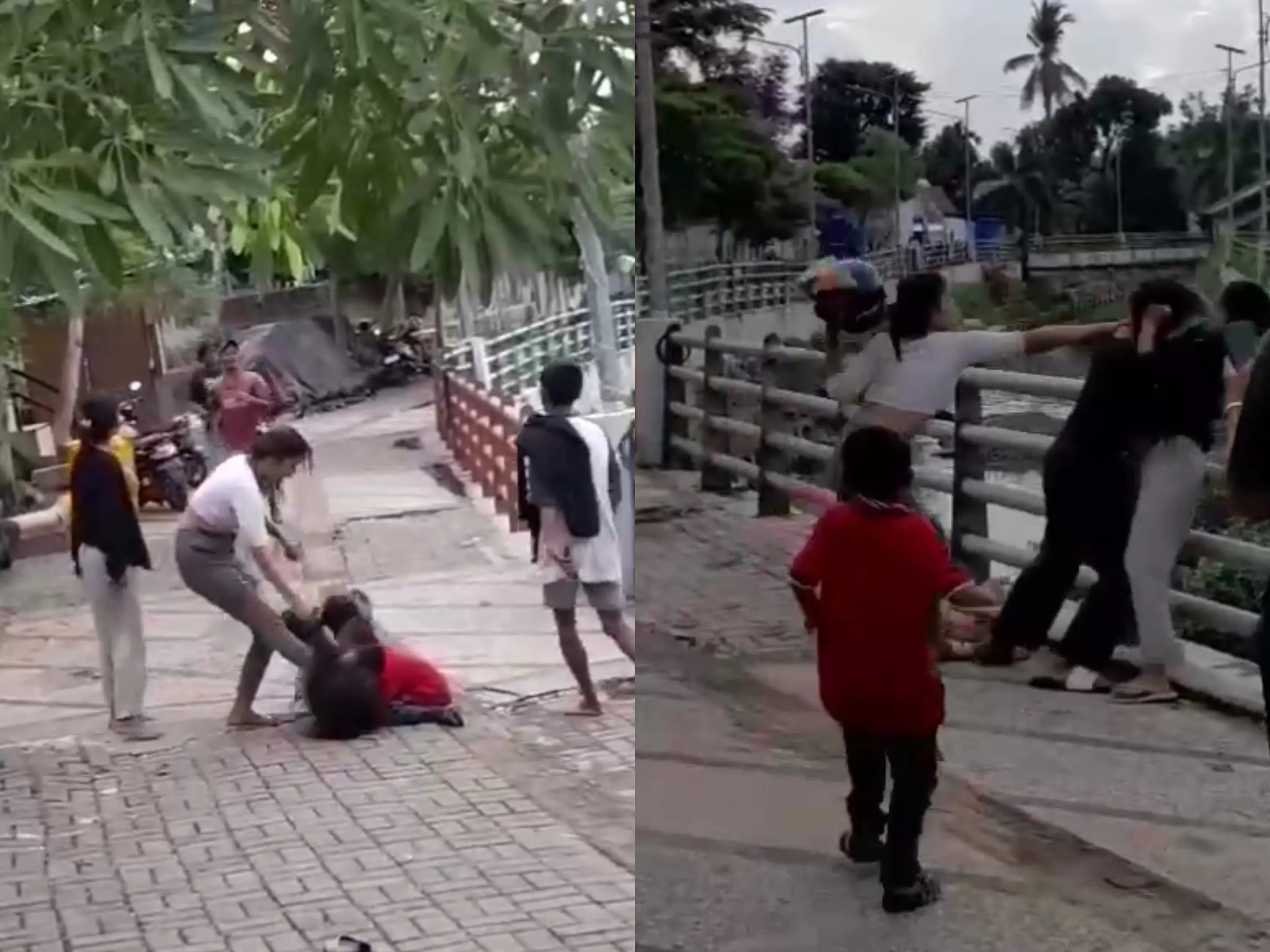 PANIK : Adik korban pengeroyokan (baju merah) mengalami trauma usai melihat langsung kakaknya dikeroyok. (FOTO: TANGKAPAN LAYAR VIDEO)