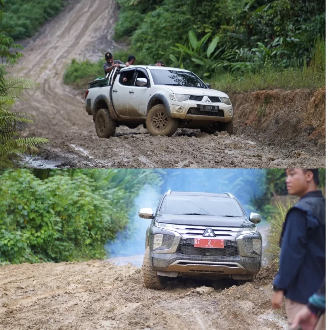 BERLUMPUR: Kondisi kendaraan dinas Wabup dan pengawal yang terjebak lumpur di Jalan Poros Kubar Mahulu. JODY KRISTIANTO/KP