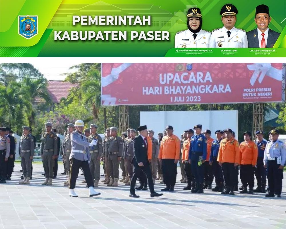 JADI PEMBINA: Bupati Paser Fahmi memimpin peringatan apel Hari Bhayangkara ke-77 di halaman Kantor Bupati Paser, Sabtu 1 Juli 2023.