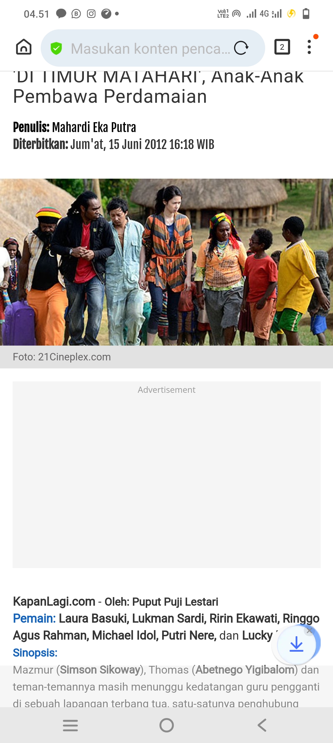 Potongan film Di Timur Matahari menceritakan tentang anak-anak membawa pesan perdamaian.