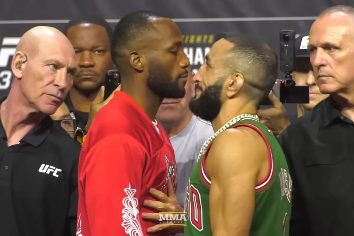 Tangkapan layar video petarung asal Amerika Serikat Belal Muhammad (kanan) dan Leon Edward (kiri) menjalani sesi face up jelang pertarungan mereka di UFC 304 yang akan berlangsung di di Co-op Live.