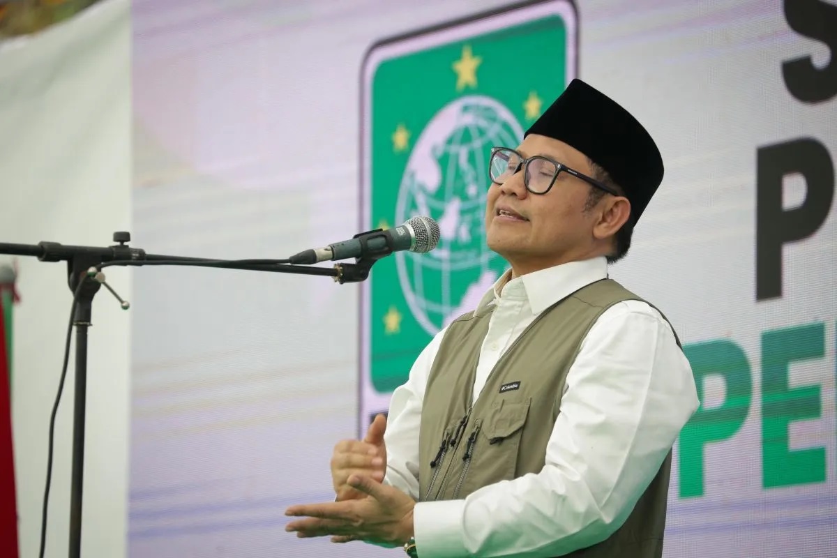 Ketua Majelis Pembina Nasional PB Pergerakan Mahasiswa Islam Indonesia (PMII) Abdul Muhaimin sekaligus Ketua Umum PKB Abdul Muhaimin Iskandar berbicara di Berastagi, Karo, Jumat (26/7/2024). ANTARA/HO