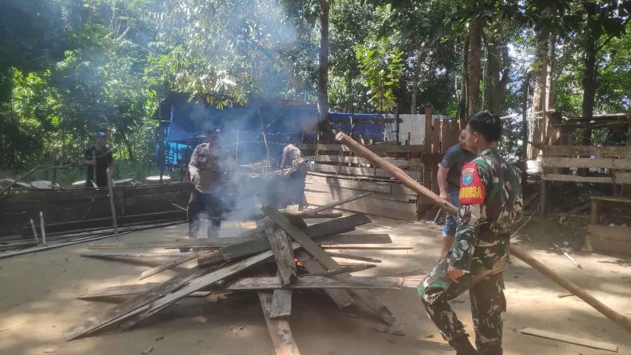 BONGKAR: Polsek Semitau beserta tim membongkar arena sabung ayam kemudian dibakar untuk memastikan tidak bisa digunakan kembali. (IST)