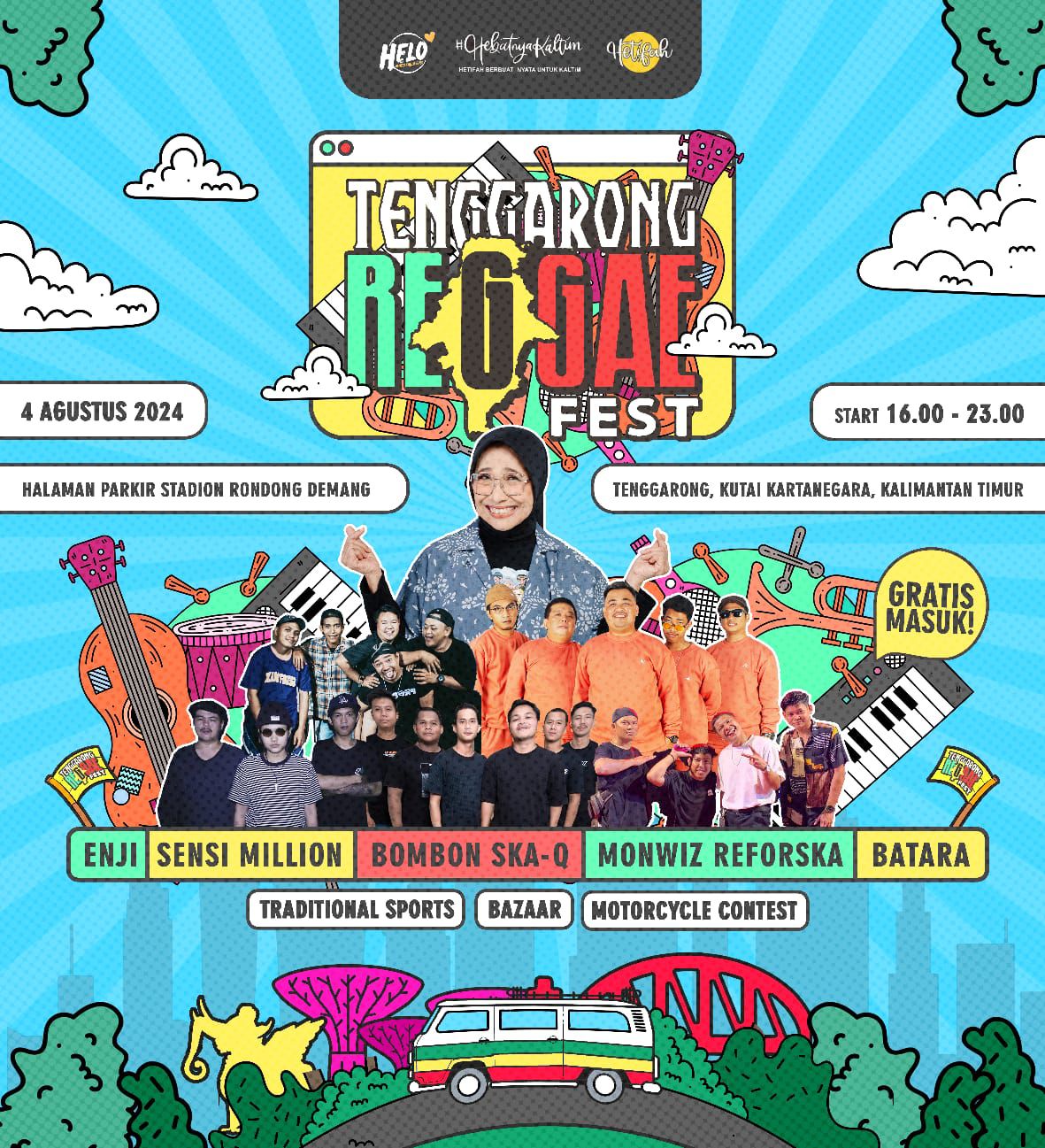 Flyer Tenggarong Reggae Fest didukung oleh Hetidah Sjaifudian di Stadion Rondong Demang Tenggarong.