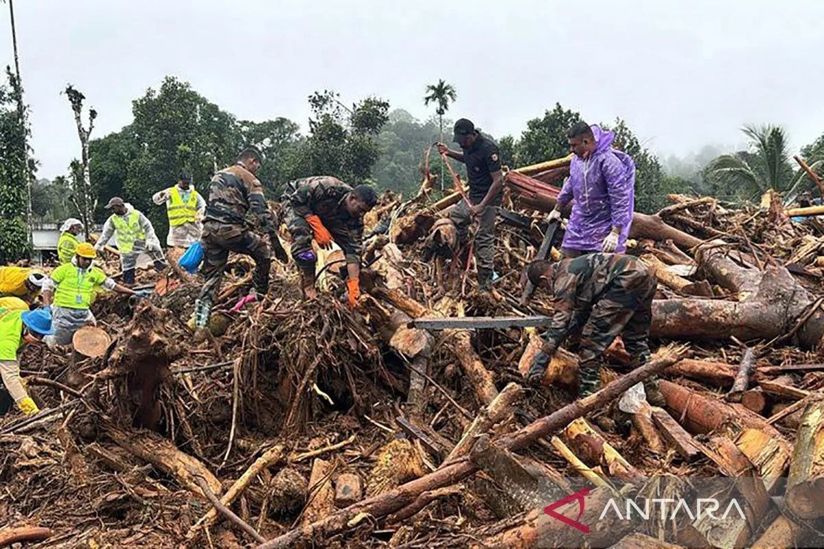Tim penyelamat bekerja di daerah yang hancur akibat tanah longsor di negara bagian Kerala, India selatan, pada 1 Agustus 2024.