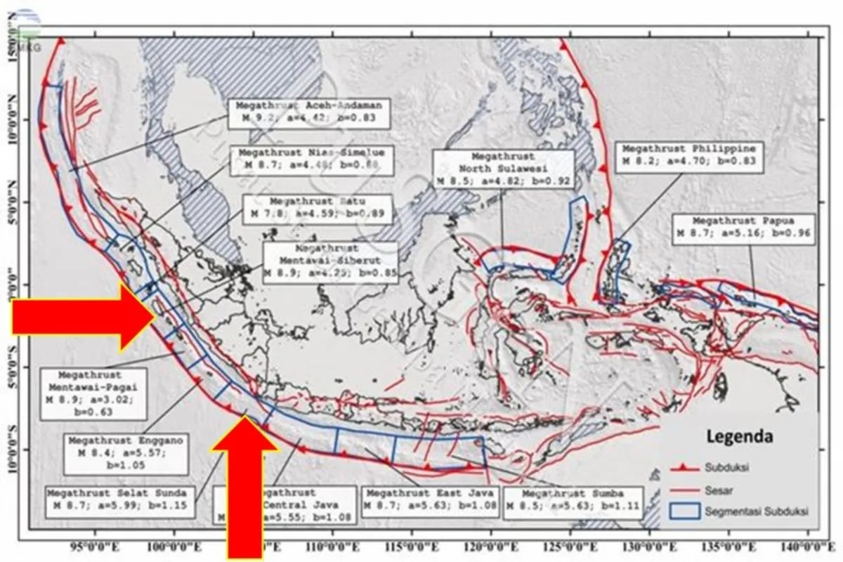 Ilustrasi: Peta zona Megathrust Mentawai-Siberut, Megathrust Selat Sunda, dan 11 zona megathrust lainnya di wilayah Indonesia (ANTARA/HO-Pusat Gempa Bumi dan Tsunami BMKG)