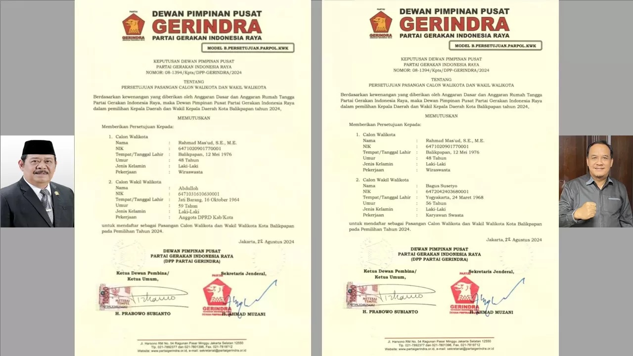 Surat kembar dari DPP Partai Gerindra untuk Pilkada Kota Balikpapan 2024.