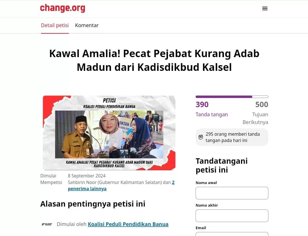 MENCUAT: Petisi dukungan untuk Amalia Wahyuni yang sudah ditandatangani ratusan orang. (Foto: tangkapan layar)