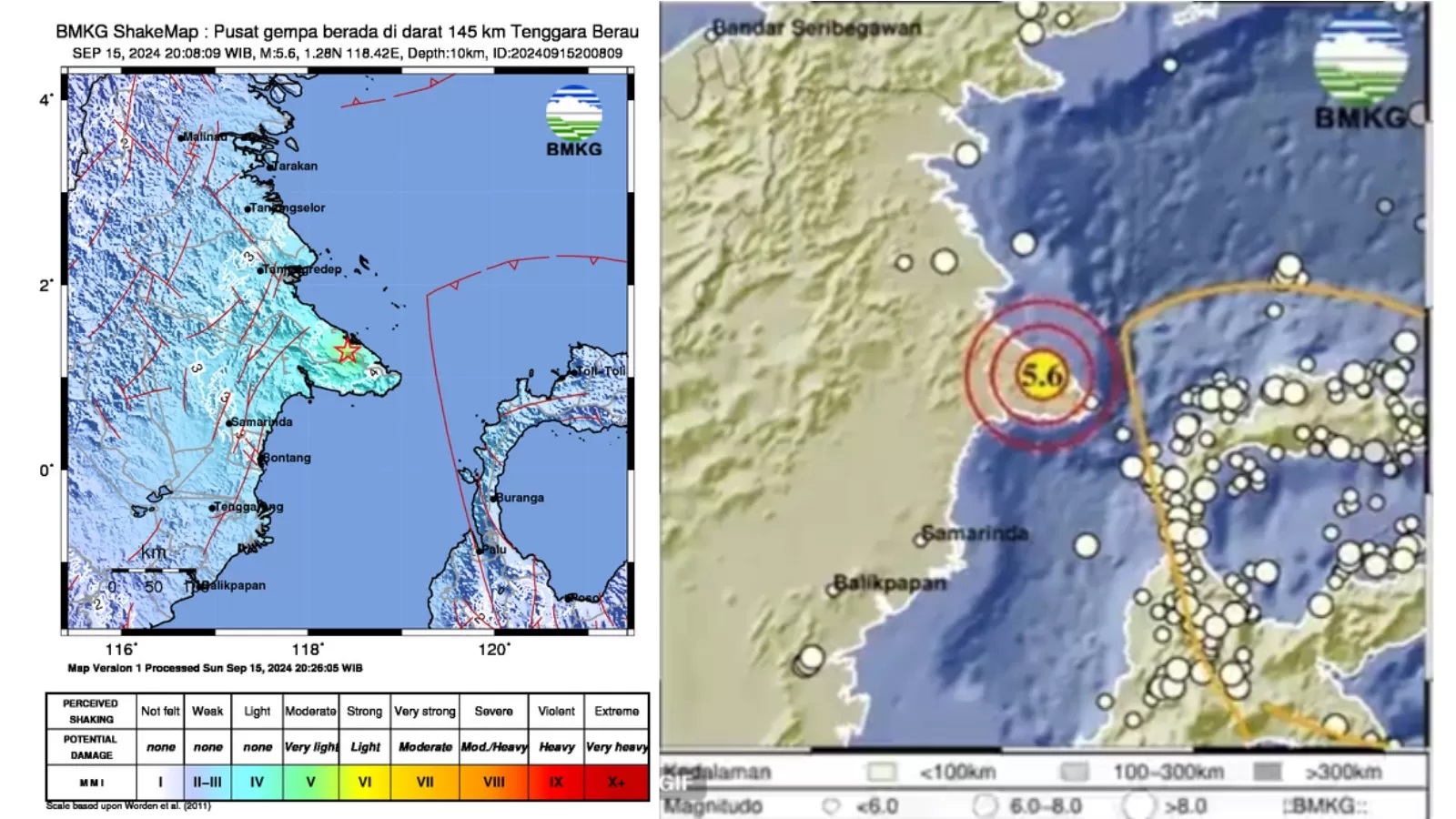 Gempa Berau magnitudo 5,6 pada Minggu (15/9). (X/BMKG)
