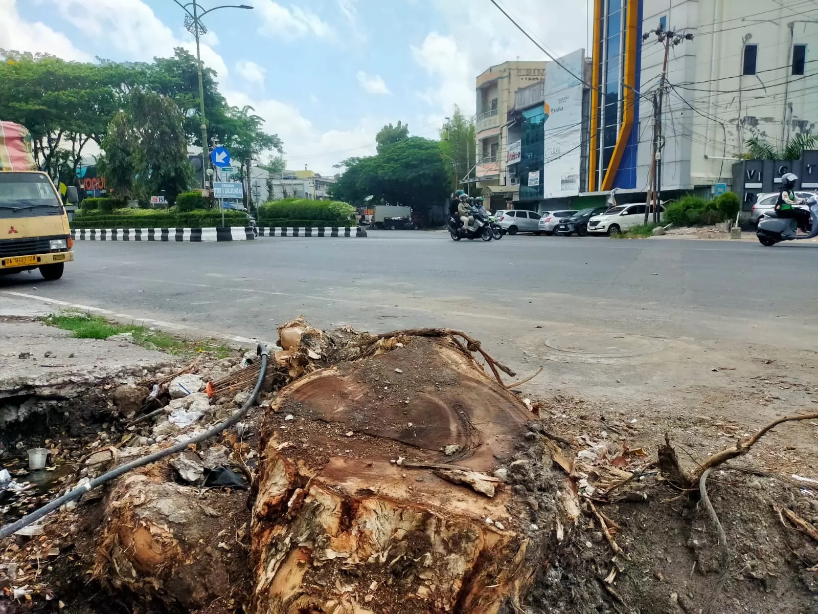 TERDAMPAK PROYEK:Puluhan pohon harus ditebang demi melancarkan pengerjaan pembenahan trotoar dan drainase di Kota Banjarmasin.(Foto:Riyad Dafhi Rizki/Radar Banjarmasin)