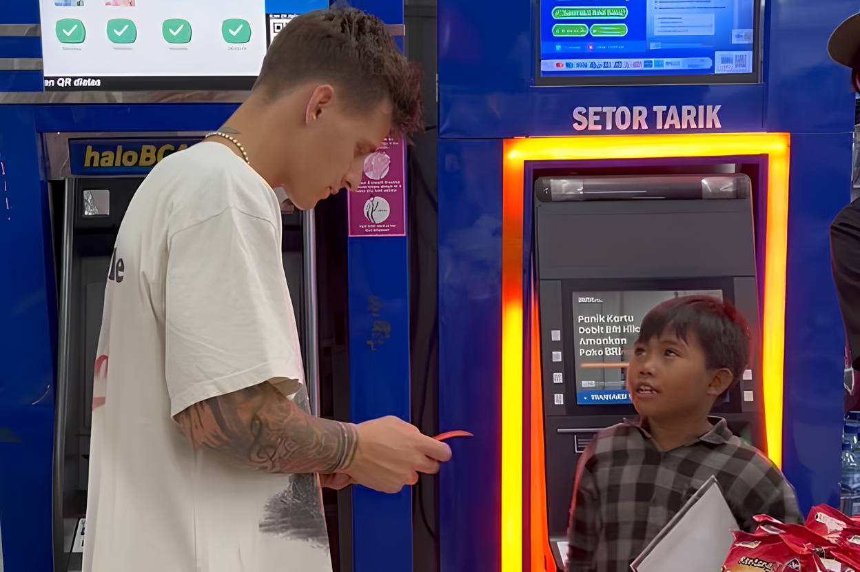 Potret Pembalap MotoGP Fabio Quartararo menarik uang di ATM BRI dan berbagi uang ke seorang anak.