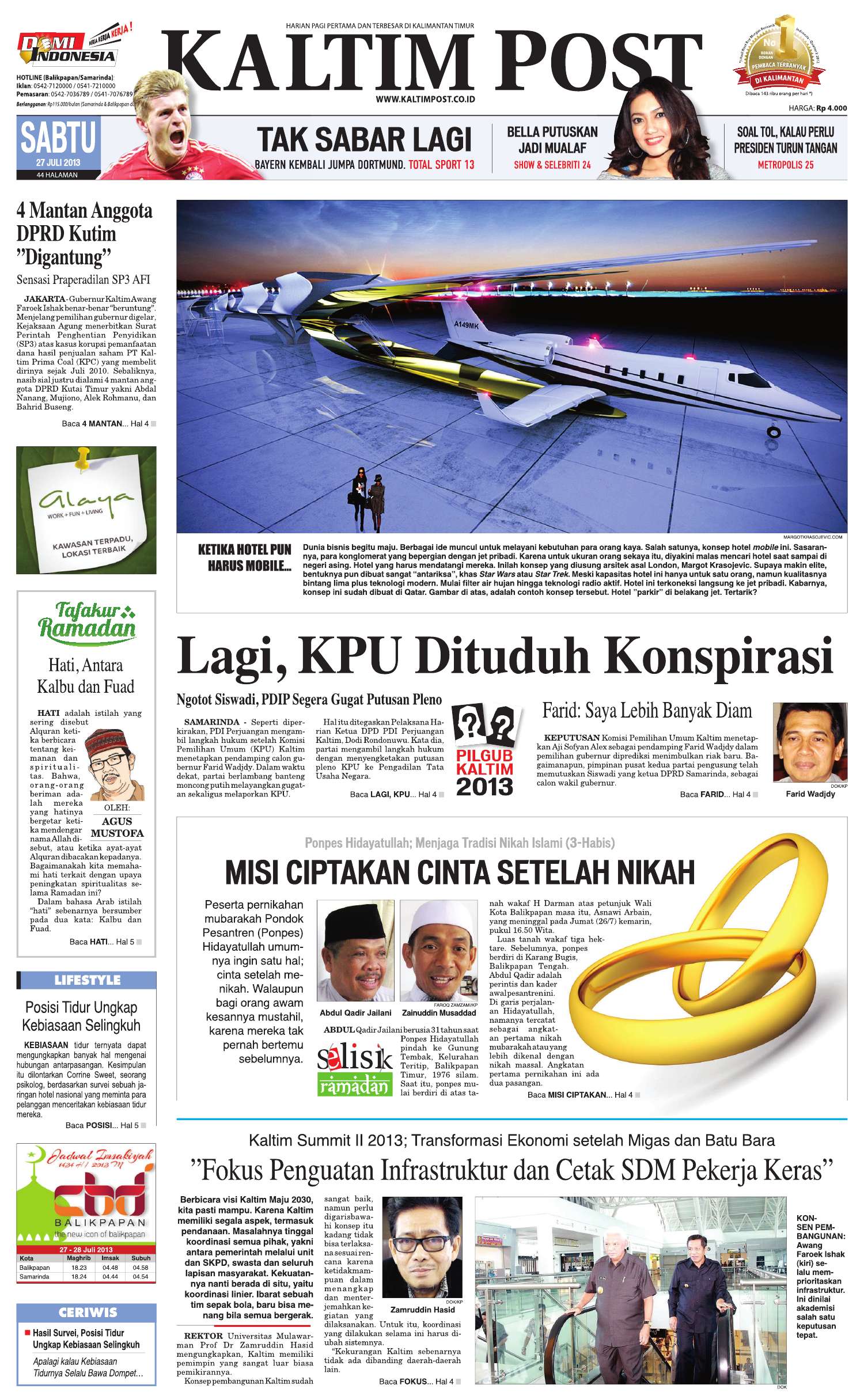 MOMENTUM: Tulisan tentang nikah mubarakah yang terbit di halaman 1, Kaltim Post, 27 Juli 2013.