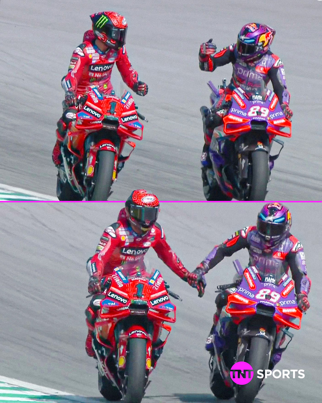 Bagnaia dan Jorge Martin (kanan) dalam pertandingan MotoGP Malaysia 2024 yang balapan ketat.