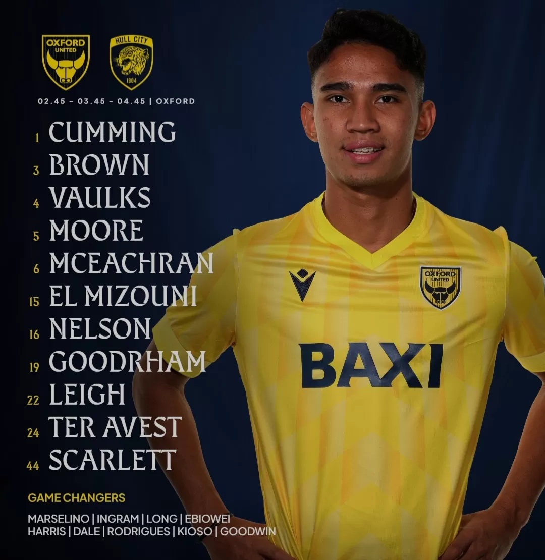 SEJARAH: Marselino masuk dalam susunan pemain Oxford United saat menghadapi Hull City pada pekan ke-14 Championship di Stadion Kassam Rabu (6/11) dini hari.