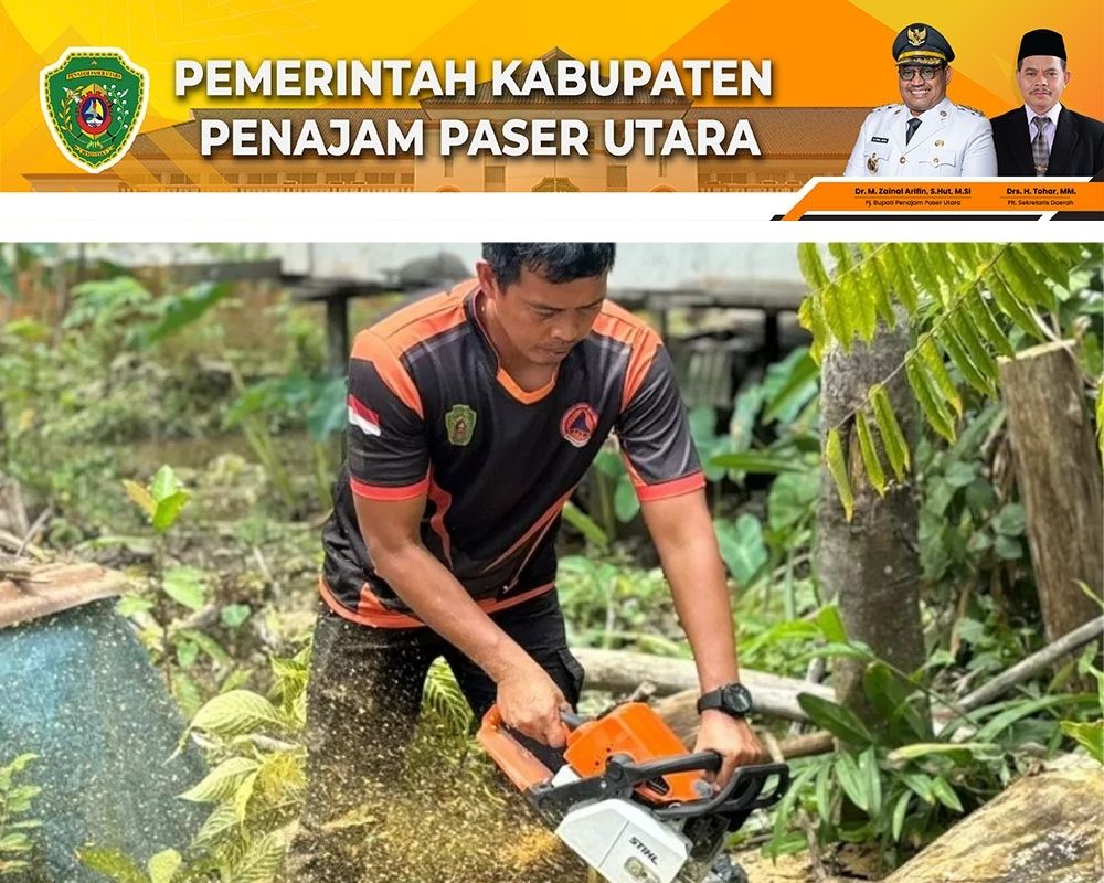 POTONG: Petugas BPBD PPU saat memotong pohon tumbang yang menimpa rumah warga.