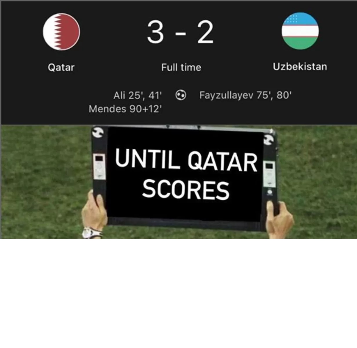 Hasil pertandingan Qatar vs Uzbekistan di ajang Kualifikasi Babak Ketiga Piala Dunia (Pildun) 2026, pada Jumat, 15 November 2024 dinihari WIB. (Dok. Media Sosial)