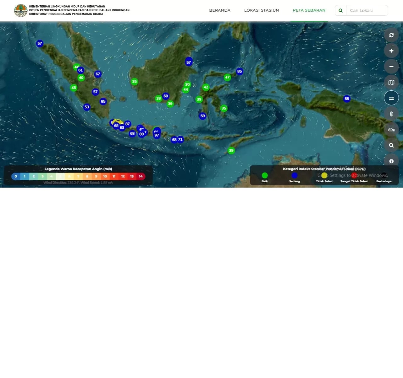 UDARA BERSIH: Peta sebaran kualitas udara dari laman ISPU KLHK, Minggu (17/11) pukul 13.00 Wita. (TANGKAPAN LAYAR)