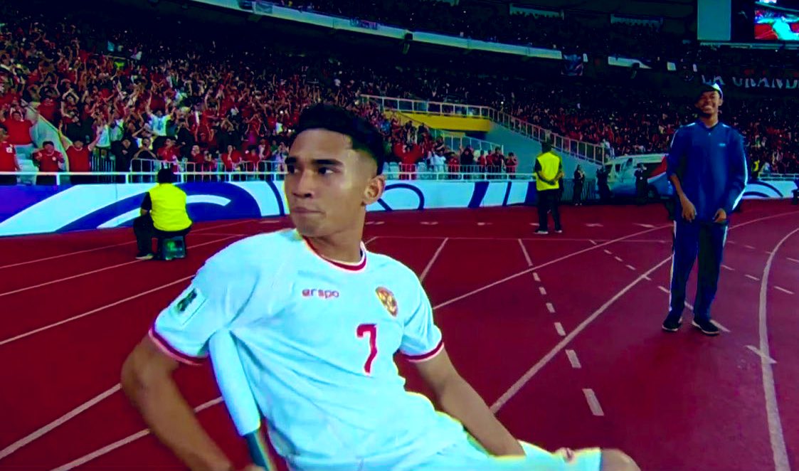 Selebrasi Marcelino usai cetak gol ke gawang Arab Saudi.